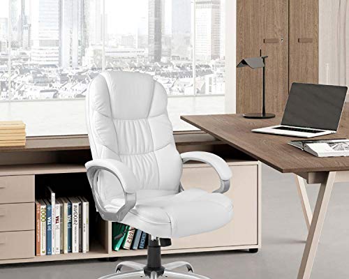 Office Chair Computer High Back Adjustable Ergonomic Desk Chair Executive PU Leather Swivel Task Chair with Armrests Lumbar Support (White)