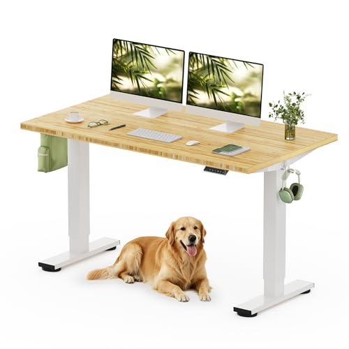 FLEXISPOT Solid Bamboo Standing Desk, 55" x 28" Real Bamboo Desktop with Natural Grain, Durable & Sustainable Workstation for Home Office and Multi-Monitor Setups (White Frame)