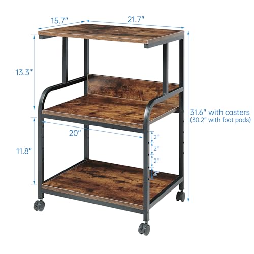 Fannova Printer Table Stand with Height Adjustable Shelf, 3 Tier Rolling Printer Cart with Wheels for Home Office Storage and Organization, Industrial Style