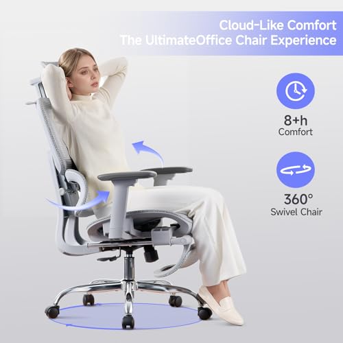 LarkLeaves Office Chair with Footrest, Ergonomic Chair with 3D Headrest, Computer Chair with Adjustable Backrest & 3D Armrest, Gaming Chair with Adaptive Lumbar Support, Mesh Backrest & Cushion, Grey