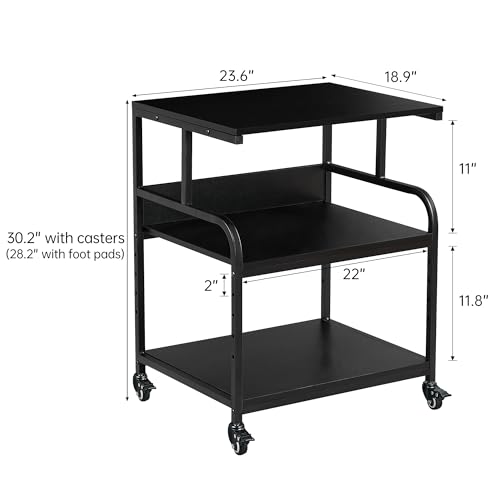 Fannova Printer Stand, 23.6 x18.9 x 30 Inches Large Printer Table with Adjustable Storage Shelf, 3 Tier Rolling Printer Cart with Wheels for Home Office, Stand for Heat Press Mini Fridge, Black