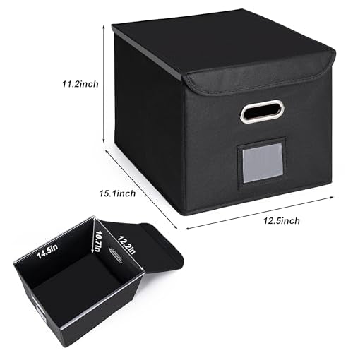 CADONO File Organizer Box with Lid, Large Hanging File Folder Organizer with Plastic Slide, Collapsible Portable Filing Storage Boxes for Office/Decor/Home (Black, 14.9 x 12.59 x 10.8 inch)
