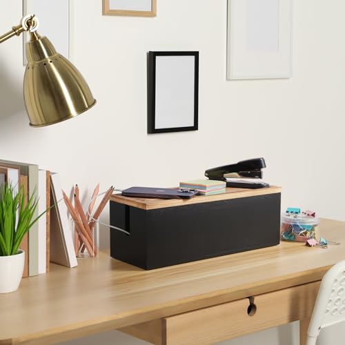 Bivvclaz Large Cable Management Box, Wooden Cord Organizer Box for Desk, Floor, Office to Hide Extension Cords Power Stripes Surge Protectors Chargers Wires, Black