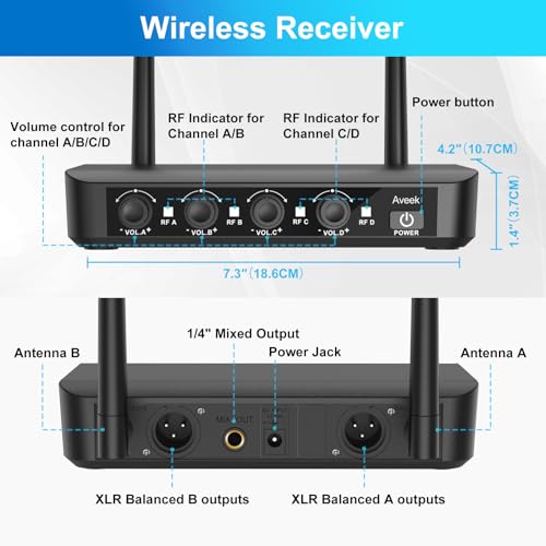 Aveek Wireless Microphone System with 4-Pack Dynamic Handheld Mics, 262ft Long Range, 40-Hour Battery, Low Latency Studio Sound for Karaoke, Singing, Speech, Church, Stage, Wedding, DJ & Events