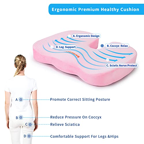 SAIREIDER Office Chair Cushion, Car Seat Cushion, Memory Foam Coccyx Cushion Pads for Tailbone Pain, Sciatica Relief Pillow, Correct Sitting Posture (Pink)