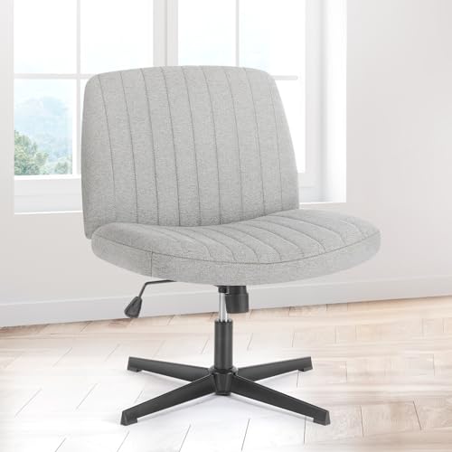 Sweetcrispy Criss Cross Chair Legged, Armless Office Swivel Desk Chairs No Wheels, Vanity Height Adjustable Wide Seat Comfy Cute Computer Task Seating for Home Bedroom, Grey