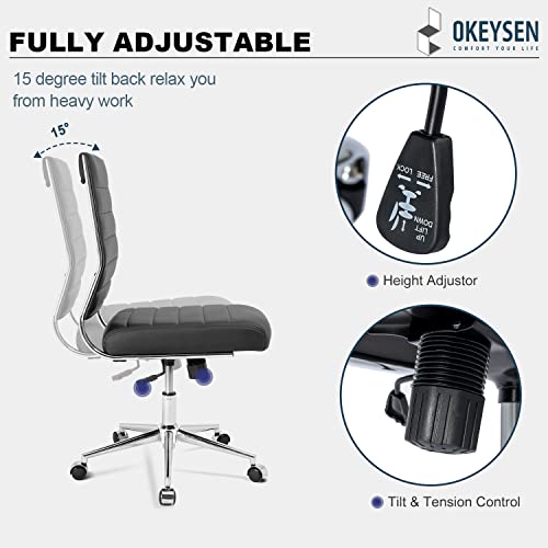 Okeysen Armless Office Desk Chair, Mid Back Leather Conference Room Chairs Without Armrests, Modern Office Chair Ribbed.