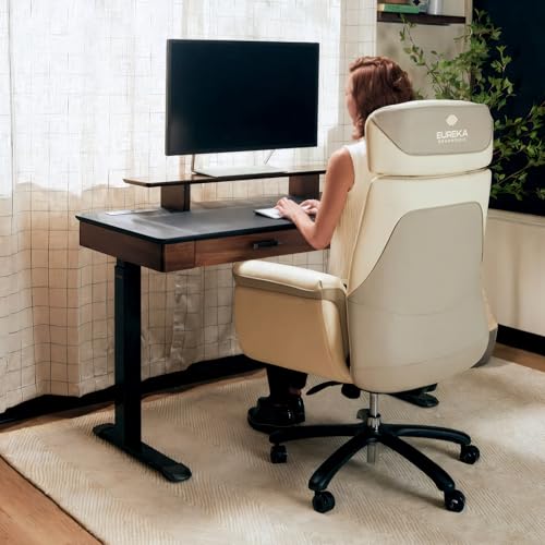 EUREKA ERGONOMIC Adjustable Desk Leather Electric, 55 Inch Height Executive Standing Desk with Drawers, Sit Stand Workstation for Home Office,Monitor Shelf,Wireless Charging – Black & Brown