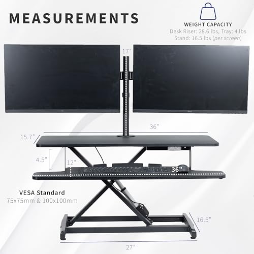 VIVO Electric Height Adjustable 36 inch Standing Desk Converter with Dual Monitor Stand for 13 to 30 inch Screens, Sit Stand Monitor Mount and Desk Riser, Black, DESK-KIT-VE36B2