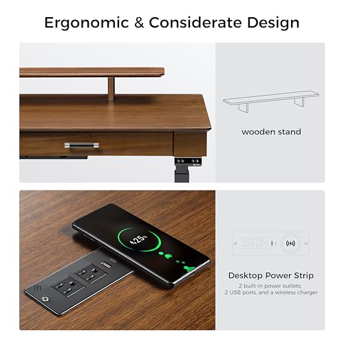 EUREKA ERGONOMIC 63" Standing Desk with Drawers, App Controlled Adjustable Desk, Executive Sit Stand Desk, Modern Home Office Computer Desk with Monitor Stand, Golden Walnut