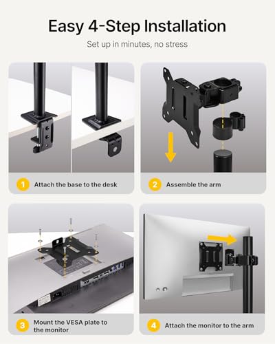 monTEK Single Monitor Stand, Stable Monitor Arm for 17-32 inch& 22lbs Capacity Screen, Height Adjustable Desk Mount with C Clamp and Grommet Base, VESA 75 * 75MM/ 100 * 100MM