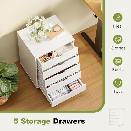Sweetcrispy 5 Drawer Chest Mobile Storage Cabinets Small Wooden Dresser with Wheels Room Organization Furniture for Office Home, Rolling Vertical Organizer for Home Office, White Wood
