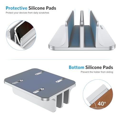 OMOTON Vertical Laptop Stand [Updated Double Version], Desktop Aluminum Mac Book Stand with Adjustable Dock Size, Fits All Mac Book, Surface, Chrome Book and Gaming Laptops (Up to 17.3 inch) (Silver)