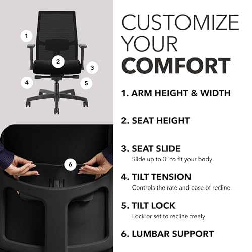 HON Ignition 2.0 Mid‑Back Ergonomic Office Chair, Mesh Task Seating with Lumbar Support, Advanced Synchro‑Tilt, Height and Width Adjustable Arms, Black Frame, Black