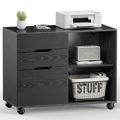 DUMOS Lateral File Cabinet with 3 Drawers Rolling Filing Cabinets Under Desk Storage Printer Stand Wood Organizer with Wheels Adjustable Shelf for Office Home Small Space, Black