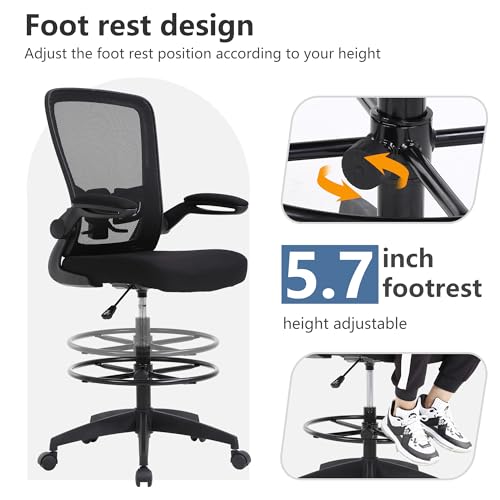 PayLessHere Ergonomic Drafting Chair Tall Office Chair High Adjustable Standing Desk Chair with Lumbar Support Mesh Back Footrest Flip-Up Arms for Office Computer Desk Standing Desk (Black)