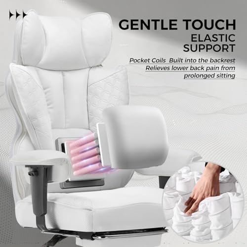 GTPLAYER Big and Tall Gaming Chair 400lbs Heavy Duty Office Chair with Foot Rest & Ergonomic Pocket Spring Lumbar Support, High Back Executive Computer Desk Chair for Lower Back Pain Relief, White