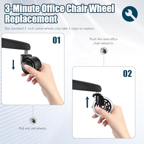 3 Inch Office Chair Wheels Set of 5, Heavy Duty PU Silent Chair Casters 880LBS Load Bearing, Universal 11mm Stem Replacement, Smooth Glide Floor Protecting for Home Office Gaming Desk Computer Chair