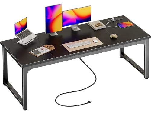 Huuger 63 x 24 inch Desk with Power Outlets & USB-C, Deeper & Thicker Desktop, Robust Metal Tubes, Computer Desk, Heavy Duty Office Desk, Work Gaming Desk, for Home Office, Black