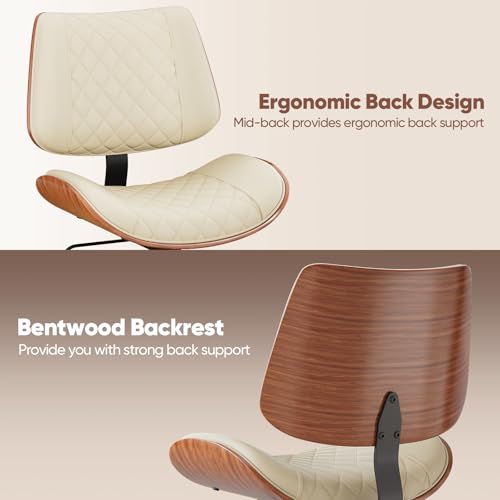 FervorFurn Home Office Desk Chair with Swivel Wheels, Modern PU Leather Armless Office Chair, Small Mid Back Computer Chair for Home Office, Reading Meeting Room (Beige, Gold Wheels)