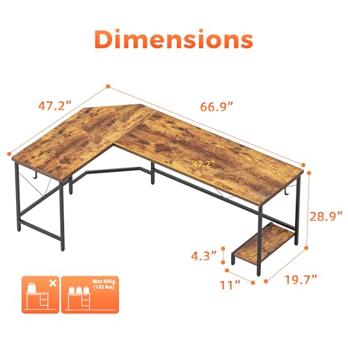Mericonia 66 inch Large L Shaped Desk, Simple Corner Gaming Desk with CPU Stand & Hooks, Computer Desk for Home, Bedroom & Office Workspace, Rustic Brown