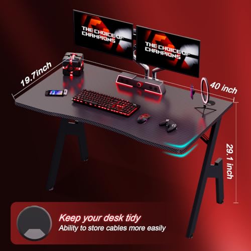 HLDIRECT 40 Inch Gaming Desk, Small Computer Gaming Desk Table with Cable Management, Ergonomic A Shape Modern Carbon Fiber Gamer Table Pc Workstation Home Office Desks for Small Space, Black