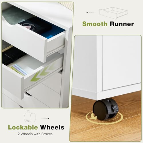 Sweetcrispy 5 Drawer Chest Mobile Storage Cabinets Small Wooden Dresser with Wheels Room Organization Furniture for Office Home, Rolling Vertical Organizer for Home Office, White Wood