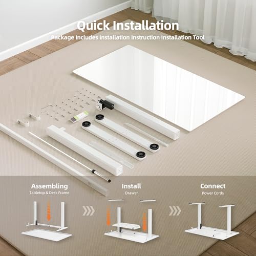 Claiks Glass Standing Desk with Drawers, 48×24 Inch Electric Adjustable Height Stand Up Desk Quick Install Computer Desk, White