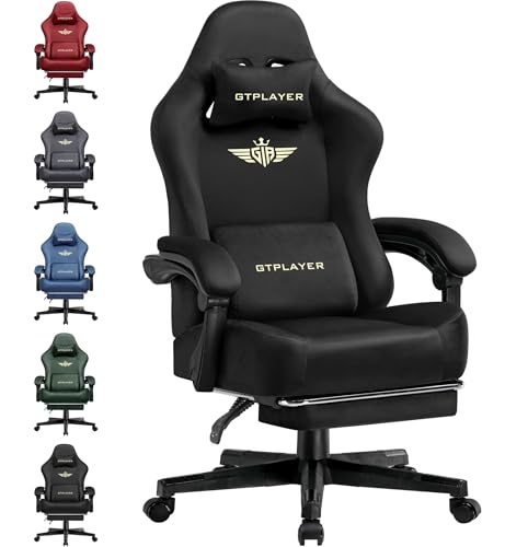 GTPLAYER Big and Tall Gaming Chair Fabric with Pocket Spring Cushion, High Back Ergonomic Computer Chair with Footrest for Adults Lumbar Support Swivel Game Chair for Office Gaming 350LBS, Black