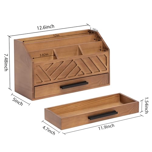 dreampossible Brown Wood Desk Organizer and Accessories with Drawer, Bill Mail Organizer and File Mail Holder for Office Supplies, Modern Desk Accessories & Workspace Organizers for Desk Organization
