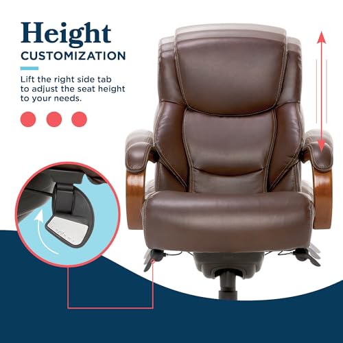 La-Z-Boy Delano Big and Tall Executive Office Chair - Ergonomic Lumbar Support Memory Foam - Bonded Leather Desk Chair for Home Office - Mahogany Wood Arms - Chestnut Brown