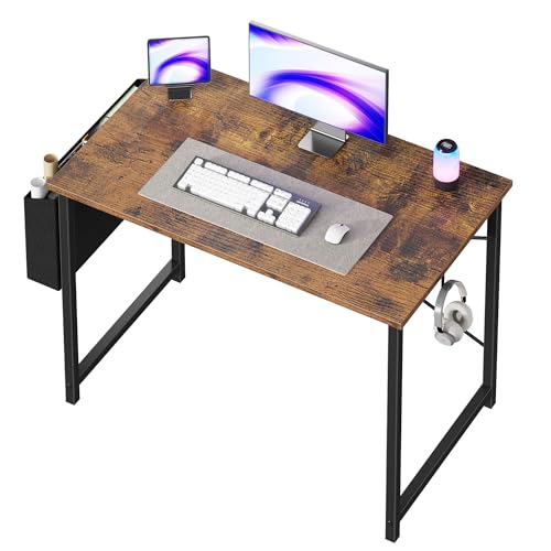 OLIXIS Computer Desk 40 Inch Home Office Desks for Small Spaces, Gaming Writing Study Work Table with Storage Bag and Headphone Hook for Bedroom, Rustic Brown