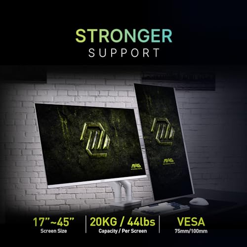 MSI MAG MT201DW - Premium Heavy Duty Dual Monitor Stand Arms, 17-45" Support, VESA Compatible, Adjustable Spring Assisted Mount, 44 lbs per Screen, Clamp & Grommet, Quick Release Plate - White