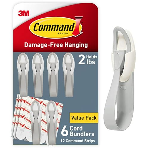 Command Cord Bundlers, Plastic, Damage-Free Organizer, No Tools for Electrical Cables, 6 Gray Bundlers and 12 Strips