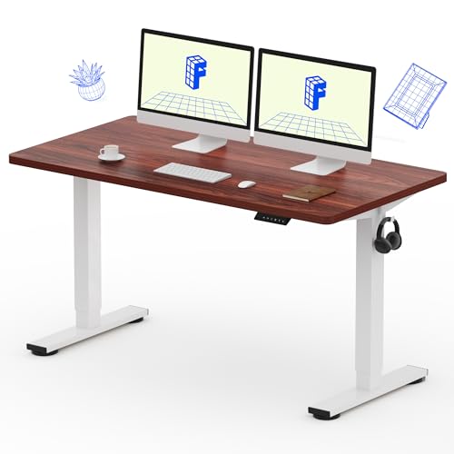 FLEXISPOT EN1 One-Piece Standing Desk with 1-Inch Thick Seamless Desktop, 55"x28" Electric Height Adjustable Desk for Home Office, Multi-Monitor Setups & Easy Assembly, Mahogany