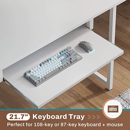 SEDETA White L Shaped Gaming Desk, Reversible Corner With Power Outlet and Pegboard, Hutch, Storage Shelf, Keyboard Tray, and LED Lights for Home Office