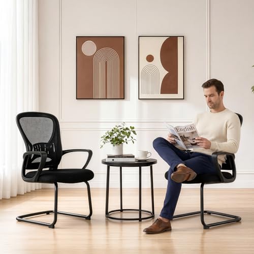 BOWTHY Waiting Room Chairs Set of 10,Office Guest Reception Chair No Wheels,Mesh Conference Room Chairs with Sled Base,Ergonomic Computer Desk Chair with Lumbar Support,Black