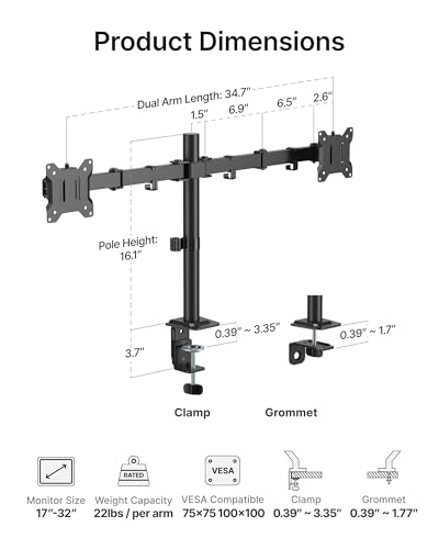 monTEK Heavy Duty Dual Monitor Stand for 17–32" Monitors, Stable Desk Mount with 22 lbs per Arm, Fully Adjustable Articulating Monitor Arm with Clamp & Grommet Base, VESA 75x75/100x100