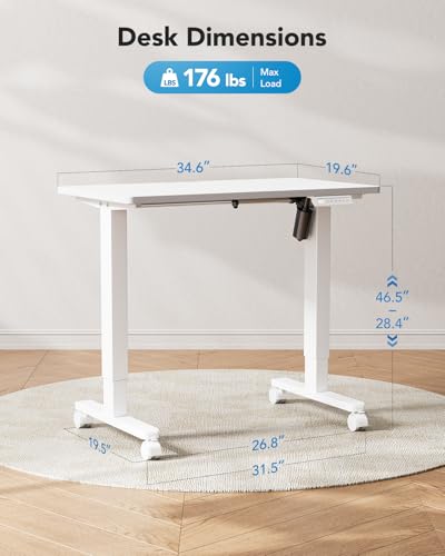 HUANUO Electric Small Standing Desk, 35" x 20" Whole Piece Desktop, Adjustable Height Computer Desk, 4 Height Memory Settings, Sit Stand Up Desk for Home Office, White