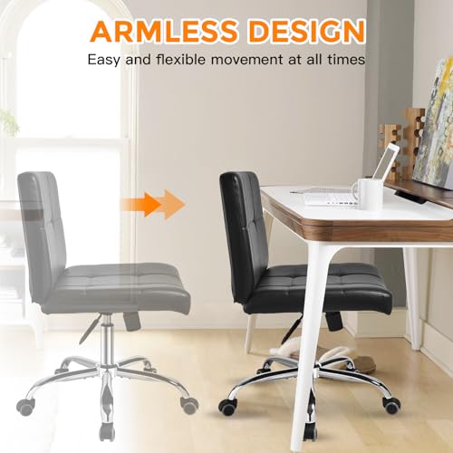 OUTMASTER Black Office Chair with Wheels - 360° Swivel Armless Back Support，Comfortable Pu Adjustable Rolling Desk Chairs for Office，Home，Vanity，Bedroom，Big Space (Widened Black)