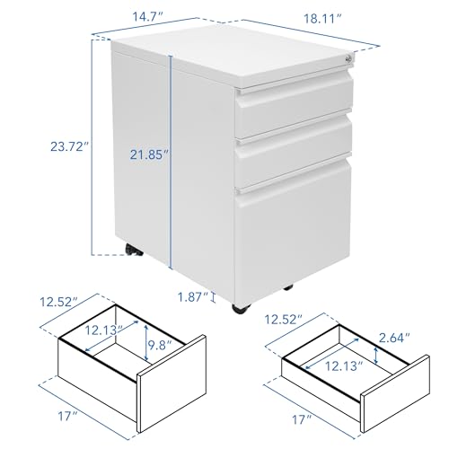 Mount-It! 3 Drawer File Cabinet with Lock and Wheels, Under Desk Storage Filing Pedestal for Home Office, No Assembly Small Rolling File Cabinet for Legal, Letter, and A4 Files in White