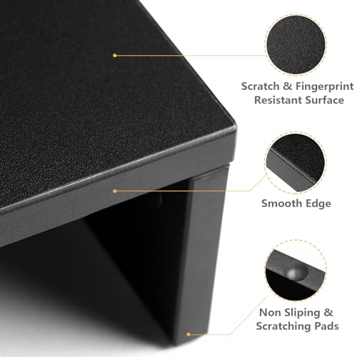 TAVR Dual Monitor Stand Riser Office Desktop Organizer Stand for 2 Monitors, Adjustable Length and Angle 3 Shelf, Extra Long Multifunctional Wooden Stand up to 43.3" fit Computer, Laptop, TV, Black