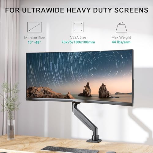WALI Ultrawide Single Monitor Arm for 13-49 Inch Heavy Duty 1000R Curved Screens, up to 44 Lbs, Adjustable Single Monitor Desk Mount with C-Clamp, Grommet Base, 75/100mm VESA Mount (GSM001XL), Black
