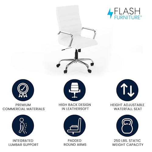 Flash Furniture Whitney High-Back Swivel LeatherSoft Desk Chair with Padded Seat and Armrests, Adjustable Height Padded Office Chair, White/Chrome