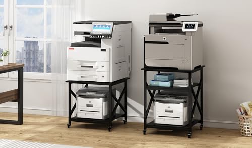 Fannova Printer Stand, 23.6 x 23.6 x 30.1 Inches Large Square Printer Table with Height Adjustable Storage Shelf, 3 Tier Rolling Printer Cart with Industrial Wheels for Home Office - Black
