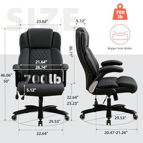 700lbs Big and Tall Office Chair - Heavy Duty Executive Desk Chair with Inflatable Lumbar Support, Extra Wide Padded Seat, Flip-up Arms, Metal Base & Quiet Rubber Wheels, High Back Ergonomic Chair