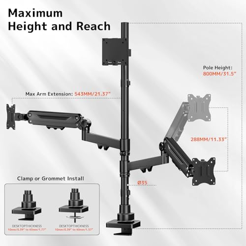 Triple Monitor Mount up to 49 inches, Fully Adjustable Heavy Duty 3 Monitor Arm with Gas Spring, Desk Mount for 3 Screens, C-Clamp & Grommet Base, Holds 44 lbs, Black