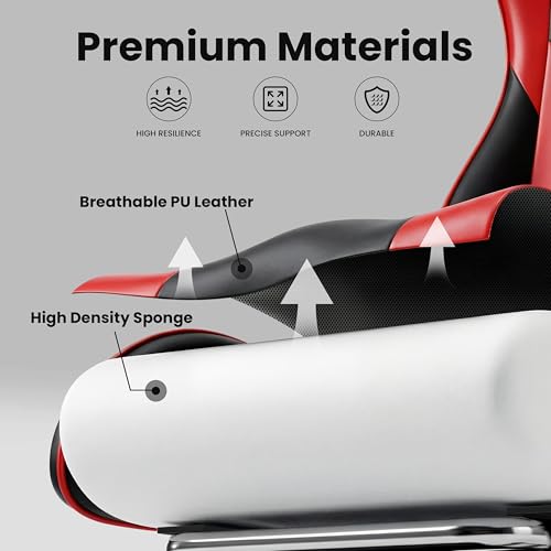 Ray Bear Gaming Chair, Ergonomic Computer Chair with Footrest and Lumbar Support, Height Adjustable Office Chair with 360° Swivel Seat and Headrest (Red & Black)