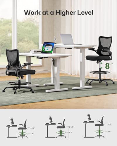 Marsail Drafting Chair, Tall Office Chair with 2D Lumbar Support, Standing Desk Chair with Padded Flip-Up Armrests & Adjustable Footrest Ring, Black