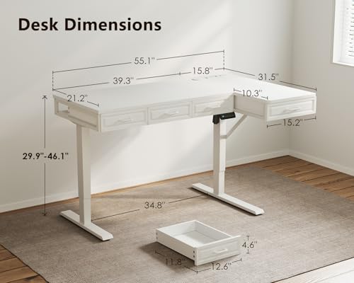OffiGo L Shaped Electric Standing Desk with Wooden Drawers, 55 Inch Height Adjustable Corner Workstation with Power Outlets, Sit Stand Table for Home, Office, White